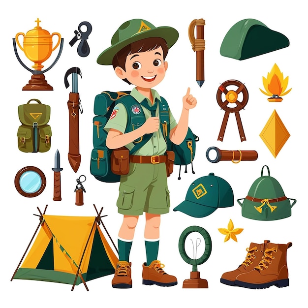 Photo cute little boy with scout equipment on white background