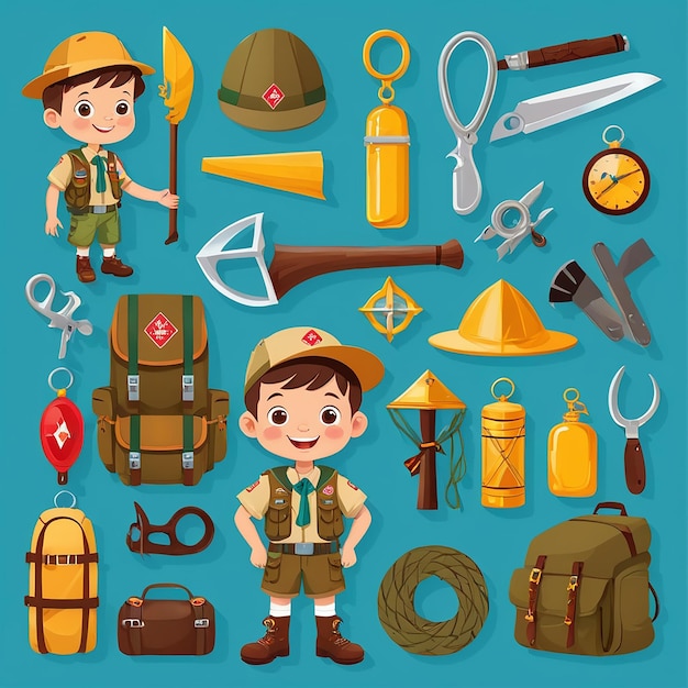 Photo cute little boy with scout equipment on white background