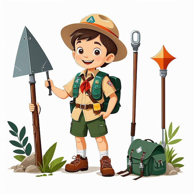 Photo cute little boy with scout equipment on white background