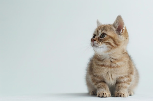 Cute little british kitten sitting on white background with copy space