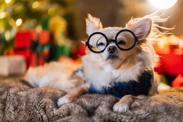 Cute little brown fur chihuahua dog wear sweater winter cloth and glasses sit relax casual smiling happiness cheerful on sofa couch with chritsmas tree light bokeh background