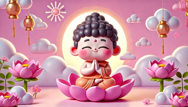 Cute little Buddha sitting on a lotus flower smiling with closed eyes hands folded in a prayer