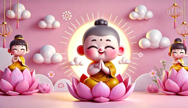 Cute little Buddha sitting on a lotus flower smiling with closed eyes hands folded in a prayer