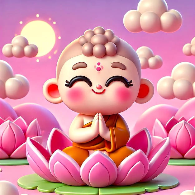 Cute little Buddha sitting on a lotus flower smiling with closed eyes hands folded in a prayer