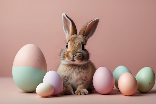 Cute little bunny and Easter eggs on a pink background with copy space