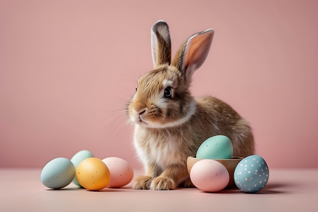 Cute little bunny and Easter eggs on a pink background with copy space