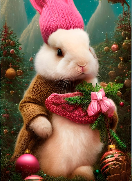 cute little bunny, rabbit, knitted hat, christmas atmosphere, new year postcard, blizzard, winter