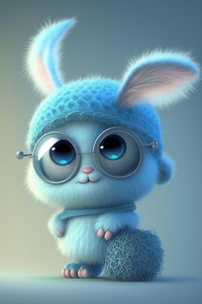 A cute little bunny with a blue hat and glasses.