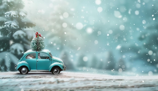 A cute little car with a Christmas tree on the roof is driving through the snow in the forest