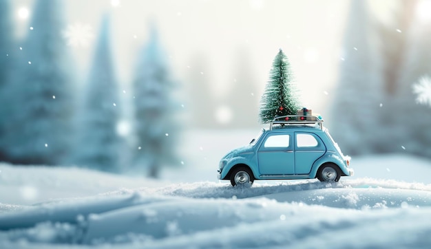 A cute little car with a Christmas tree on the roof is driving through the snow in the forest