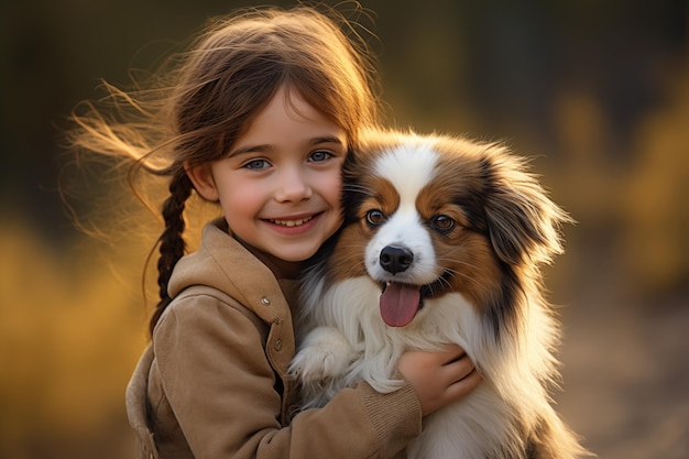 Cute little caucasian girl at outdoors with a dog