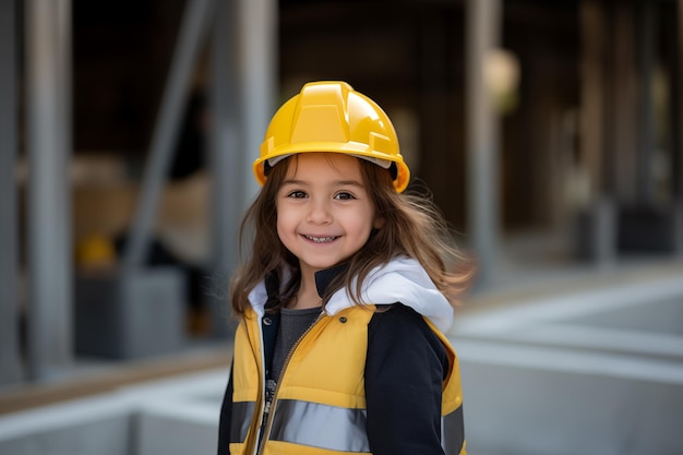 Cute little caucasian girl at outdoors with worker cap