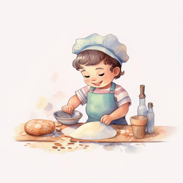 Cute little chef child with spoon and bowl of flour