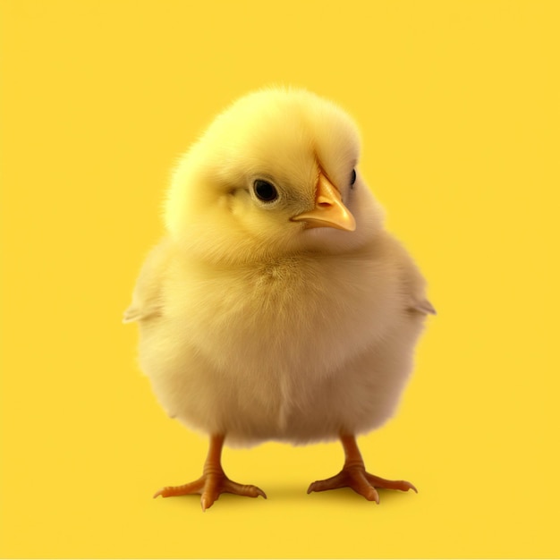 Cute little chicken isolated on yellow background Easter holiday concept