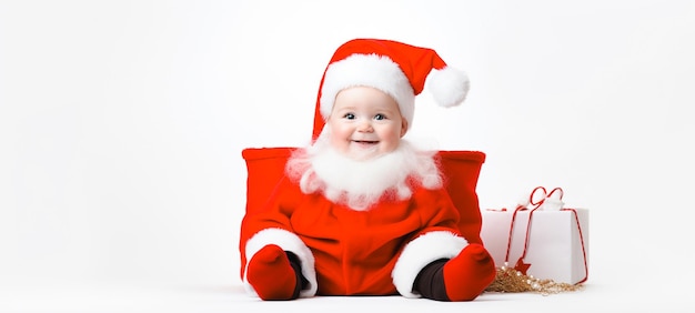 Cute little child wearing a red Santa Claus outfit Happy and bright Merry christmas