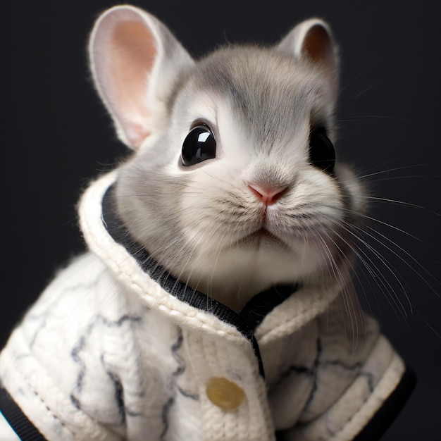 Cute little chinchilla in a sweater on a black background