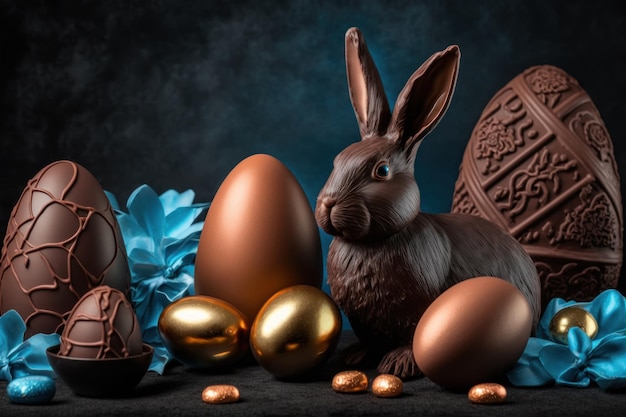 Cute little chocolate rabbit with Easter eggs Generative AI