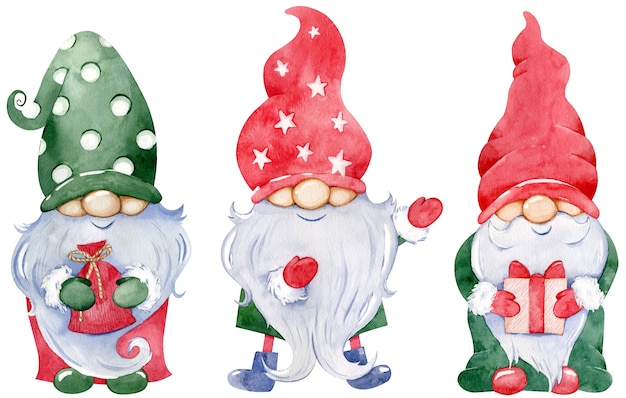 Photo cute little christmas gnome collection. watercolor set of new year's gnomes with gifts in colorful green and red long hats isolated on the white background.