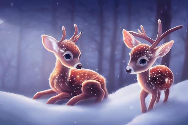 Cute little deer mother and baby illustration Christmas illustration with adorable little deer winter forest snowy landscape digital art style illustration painting