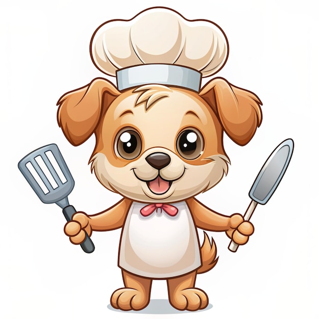 Photo cute little dog become chef carrying spatula little puppy chef with spatula for mascot logo