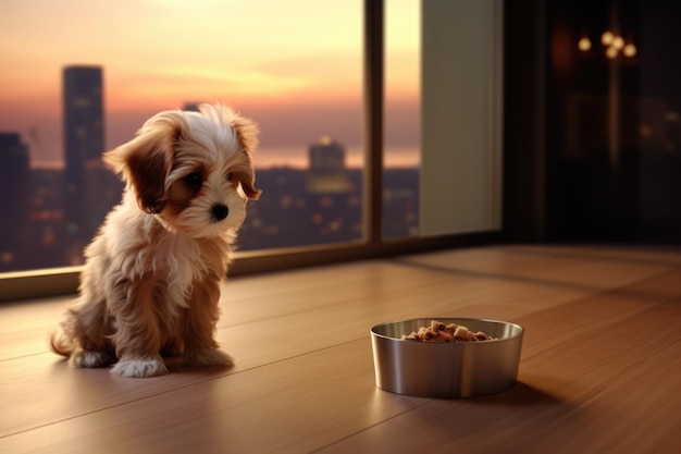 Cute little dog at home waiting to eat food in a bowl pets indoors ai generated