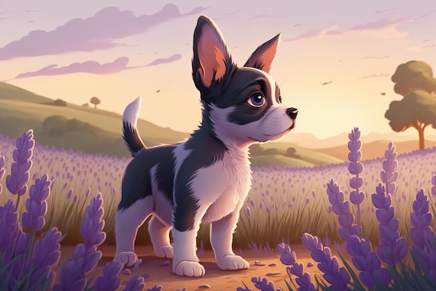 Cute little dog puppy admiring lavender herb field at dawn in the summer