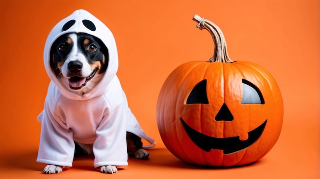 Cute little dog wearing a ghost costume sits beside a Halloween pumpkin set on the orange backdrop