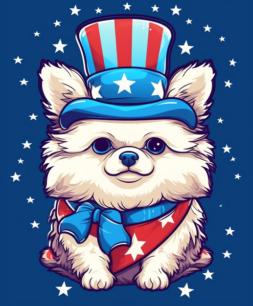 A cute little dog wearing an Uncle Sam hat decorated with USA Flag in Digital art