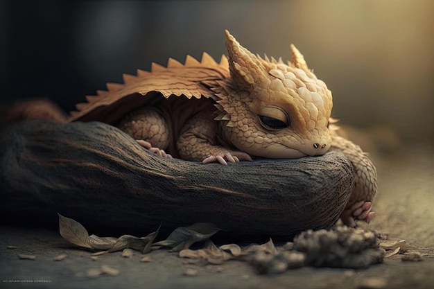 Cute little dragon asleep with its head and wings tucked in