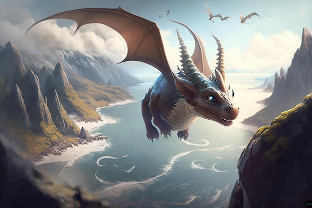 Cute little dragon flying through the air with view of fantasy landscape visible below