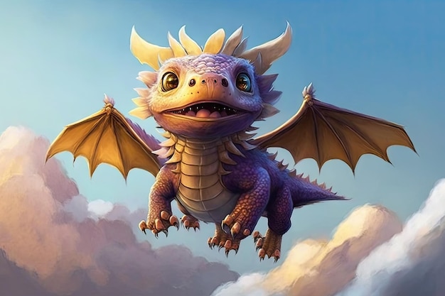 Cute little dragon flying through the sky with its wings outstretched