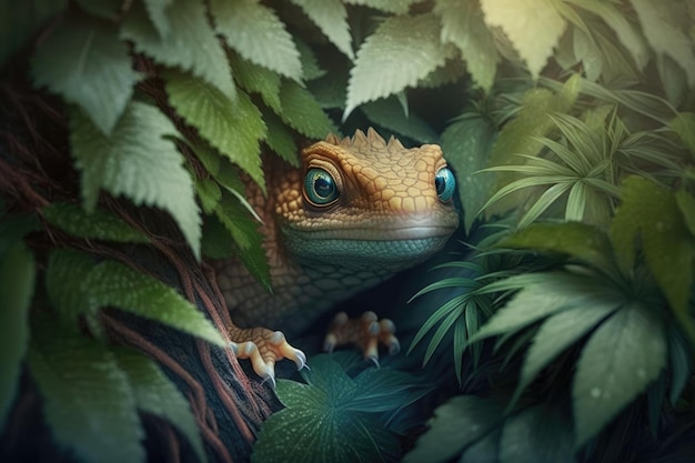 Cute little dragon hiding in the bushes observing its surroundings with curious eyes