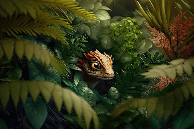 Cute little dragon hiding in the bushes observing its surroundings with curious eyes