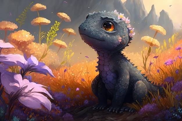 Cute little dragon playing in field of magical flowers