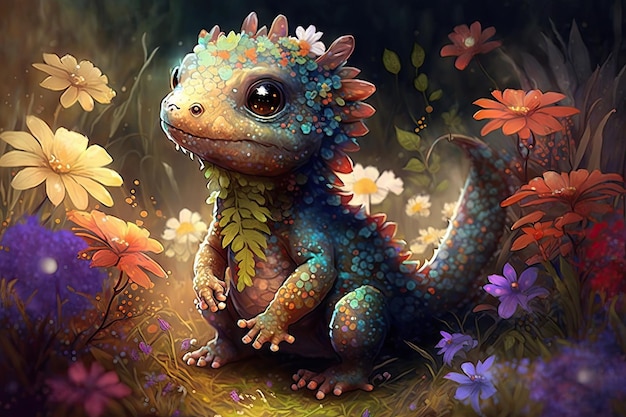 Cute little dragon playing in field of magical flowers