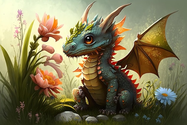 Cute little dragon playing in meadow with butterflies and flowers