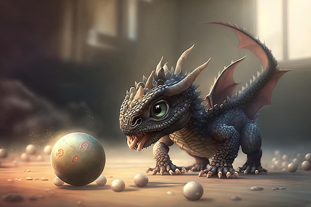 Cute little dragon playing with ball or chasing after its favorite toy