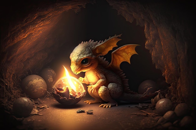 Cute little dragon playing with ball of fire in its cave