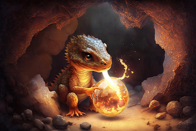 Cute little dragon playing with ball of fire in its cave