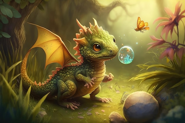 Cute little dragon playing with its favorite ball or chasing butterfly in magical garden