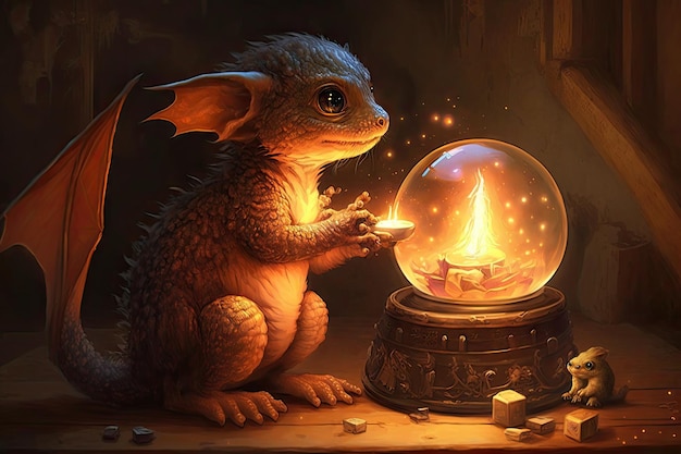 Cute little dragon playing with magic ball of fire