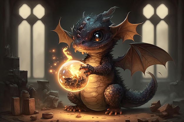 Cute little dragon playing with magic ball of fire