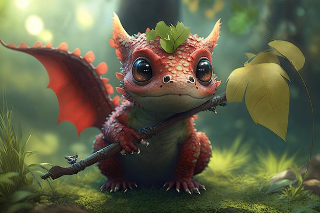 Cute little dragon playing with stick in the garden