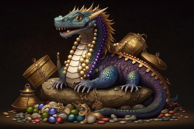 Cute little dragon sitting on pile of treasure surrounded by gems and jewels