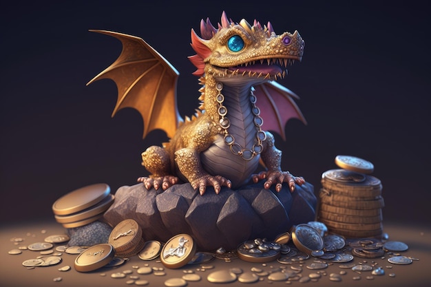 Cute little dragon sitting on pile of treasure with pile of coins and jewels visible