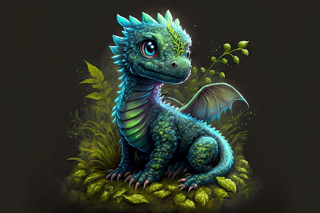 Cute little dragon with blue green scales on dark background generative ai