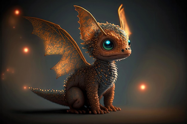 Cute little dragon with wings and ears on dark background generative ai