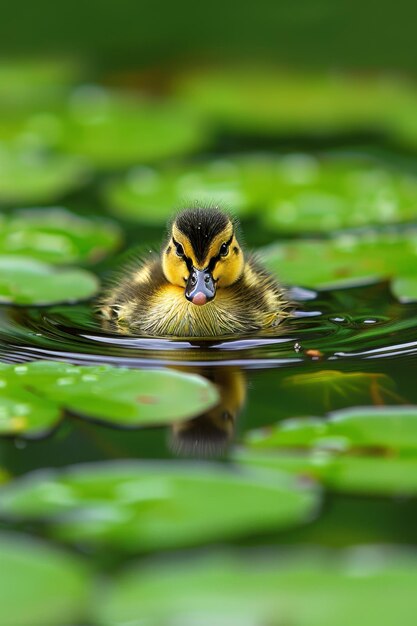 Photo cute little duckling enjoying a refreshing bath in a pond with ample space for text and captions