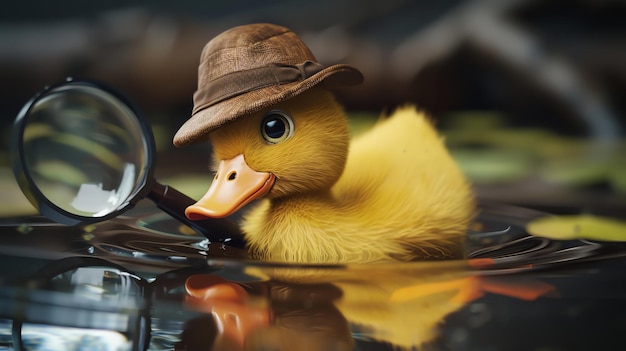 Photo a cute little duckling wearing a fedora and holding a magnifying glass