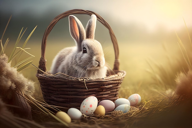 Cute little Easter bunny rabbit in a basket with painted eggs in the sunny field Generative AI